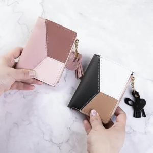 New Short Wallet for Women Zipper Money Clip Korean Style Patchwork Color Block Tassel Versatile Coin Purse Card Holder