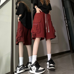 Cargo pants for women American street style drawstring elastic waist short trousers