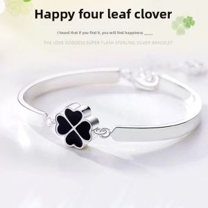 S999 Sterling Silver Four leaf Grass Bracelet Womens Small Design Solid Bracelet Qixi Valentines Day Gift for Girlfriend