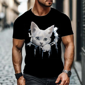 [Local Stock] VCC Funny 3D Cartoon Cat Pattern Mens T Shirt Casual Round Neck Short Sleeve Tops Summer Breathable Loose Tees Fashion Men Clothing