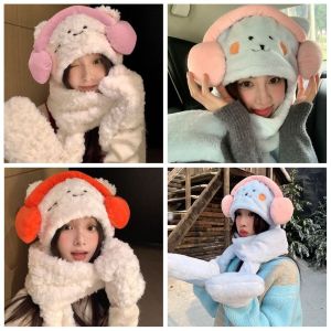 YOCKY Kt Cat Plush Cat Scarf Cute Warm Headphone Kitty Cat Hat Cartoon Soft Winter Autumn