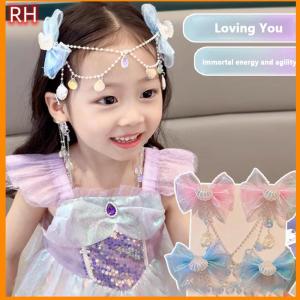 🔥🔥🔥ranghe Cartoon Girls Hair Clip Children Mermaid Princess Fringe Pink Purple Bow Forehead Chain Hairpin Fairy Earhook Accessories