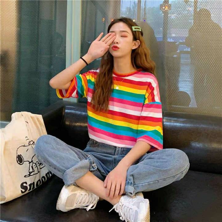 [ส่งเร็ว] Kaykai_Shop พร้อมส่ง🚚 เสื้อลายทางเส้นเล็กสีรุ้ง แบบใหม่สไตล์ ...