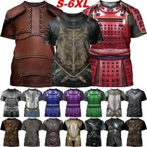 [Local Stock] HBESTY  Samurai Armor Cosplay T-shirt Vintage 3D Medieval Knight Armour Graphic T Shirt For Men Clothing Fashion Streetwear Tee Shirts