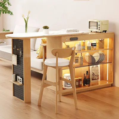 NKAHS Pre Order Cream Style Solid Wood Bar Counter with Sintered Stone Top Retractable Kitchen Island Cabinet Integrated Sideboard Buffet Cabinet Modern Minimalist Bar Table Space Saving for Small Home