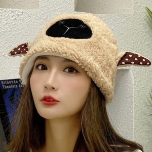 LUMIQLO Warm Winter Bucket Hat Soft Fleece Lined Plush Beanie Cap Fashion Little Lamb Fluffy Costume Hat for Women