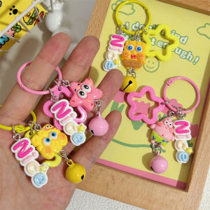 SpongeBob SquarePants Keychain with Nice English Word Tag Star Bells Keyring Patrick Star Pendant Student Schoolbag Charm Nice英文字牌海绵宝宝钥匙扣