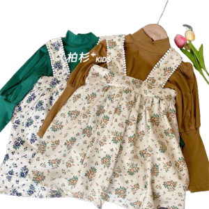 Váy bé gái dài tay yếm hoa nhung tăm và áo thun cổ 3p 2 mầu Nâu/Xanh áo rời váy yếm XHN1080