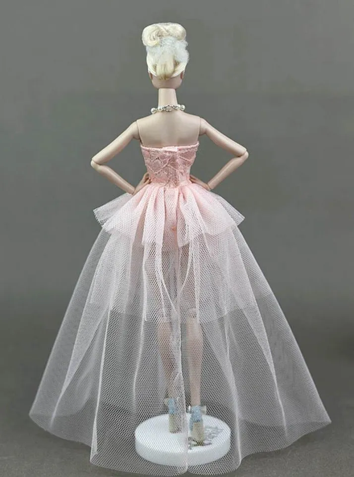open lace back dress Ivory wedding dress ostrich feathers for barbie doll – The Doll Tailor main image 1