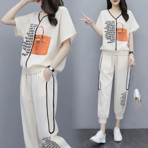 2 Piece Set Women Casual Big Plus Size 4XL 2022 Summer New Short-sleeved T-shirt + Cropped Pants Sports Suit Set Women Outift Fashion Loose 2pcs Set Women Clothes Korean