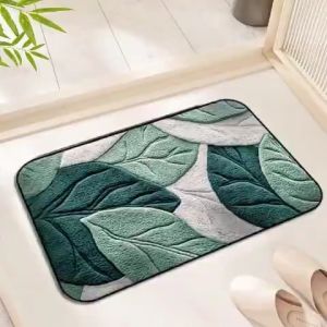 Green Leaf Pattern Bathroom Mat Anti Slip Absorbent Plush Velvet Microfiber Carpet Floor Mat Decor