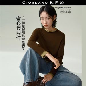 GIORDANO Women T-Shirts Contrast Lettuce Trim Stretchy Tee Long Sleeve Fashionable Casual Reuglar T-Shirts 18326527