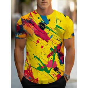 Mens Colorful Splashed Ink T-Shirt Abstract Graffiti 3D Printing Casual Short Sleeved Street Wear Hip-Hop Trend Loose Top