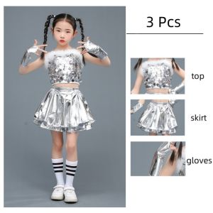 LOlanta Kids Jazz Dance Performance Outfits Sequin Top Shiny Metallic Silver Skirt Shorts Cyberpunk Style Street Dance Hip-hop Dance Costume