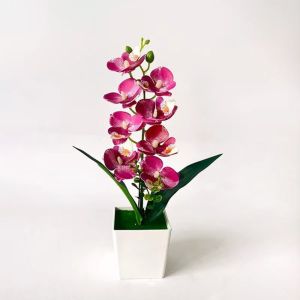 HEFEI 8 Đầu Hoa Lan Giả Trong Chậu Đa Hoa Phalaenopsis Hoa giả bằng nhựa  với Nồi Trắng Cây giả nhân tạo Trang trí nhà cửa