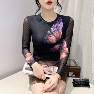 YIMEI เสื้อเสื้อยืดผ้าตาข่ายพิมพ์ลายโบว์เสื้อเสื้อสวมศีรษะทรงใหญ่สีแดงกุหลาบแขนยาวอเนกประสงค์คอกลม