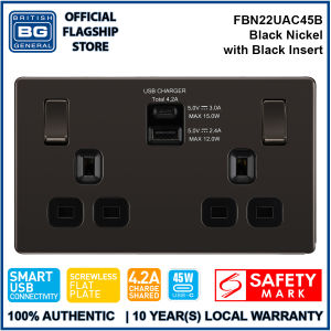 British General (FBN22UAC45B) Screwless Flat Plate 13A Switched Double Socket with USB Charger 13A 2 gang SP switched + USB type C 45W