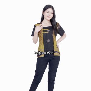 Batik Couple Wanita Blouse Kutubaru Modern Bunga Lengan 7/8 dan Pendek Kemeja Pria by batik dua putri