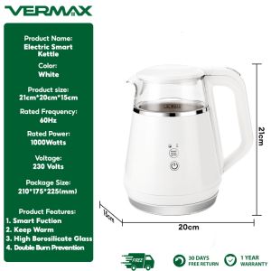Vermax Glass Electric Kettle Double layer Japanese 1000W Electric Kettle With Digital Display