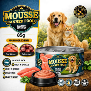 Supremacy Mousse Canned Food Salmon 85g Premium Wet Food Topper for Cats & Dogs Low Sodium 0.3% Daily Nutrition Formula Made Supports Hydration Appetite Boost Digestive Comfort Skin & Coat Health Healthy Energy & Irresistible Taste for All Breeds