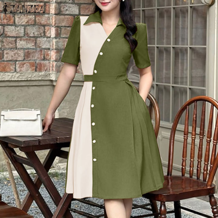 ZANZEA Korean Style Women Fashion V-Neck Raglan Sleeve Dresses A-Line  Stitching Color Knee Length Dress #0714 | Lazada Singapore