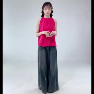 AMMIN 2025 Summer New Fashion Pleated Halter Neck Stand Collar Design Retro Plaid Print Off-Shoulder Sleeveless Shirt Womens Korean Style Casual Elegant Blouse