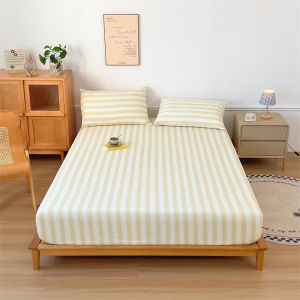 SUNLIGHT HOME Japanese Striped Bedsheet With PillowcaseSimple Fitted Bed Sheet SetSoft Skin-friendly Mattress Cover