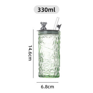 Ly Thủy Tinh Kim Cương 330ML Nắp Gấu Có Ron Kín Cốc Nước LOVE Kèm Ống Hút Thủy Tinh Sang Trọng #DTMAX