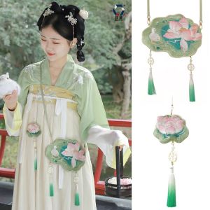 KISSCAT สไตล์โบราณโบราณ กระเป๋าสะพายไหล่ปักลายดอกบัว อุปกรณ์เสริม Hanfu หวานหวานแหววว กระเป๋าจีน Hanfu กระเป๋าใส่เหรียญ วินเทจ กระเป๋าโทรศัพท์พู่ ผู้หญิง/เด็กผู้หญิง