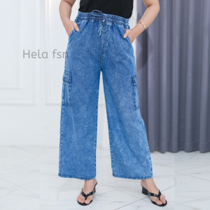 Hela Fsn Celana Highwaist Jeans Kulot Wanita - Rawis Premium Snow Tali Serut Pinggang Karet All Size