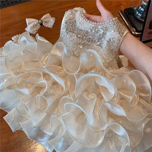 Girls Sequin Puffy Dress Kids Bead Flower Hemline Princess Dresses Baby Birthday Party Gown Ball Children Clothes 1-8 Years