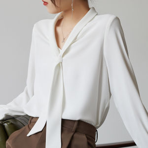 Womens Casual Loose Ribbon Chiffon V-Neck Long Sleeve Shirt