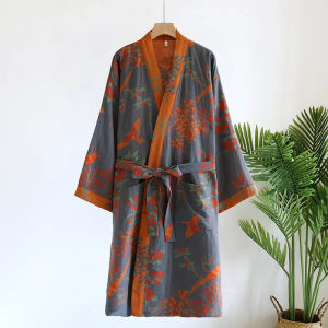 DGYBata Retro Japanese Womens Bathrobe Pure Cotton Jacquard Chiffon Kimono Sleepwear Yukata Home Robe Spring and AutumnNKP