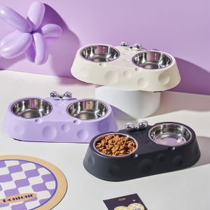 PETPARADIS Double Bowl Dog Double Bowl Stainless Steel Cheese Shaped Pet Drinking Dish Anti-upset Removable Puppy Food Water Feeder Pet Accessories