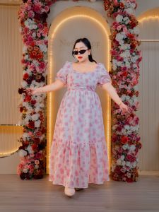 เดรสผู้หญิงสายหวาน เดรสแฟชั่นพิมพ์ลาย สีชมพู ผ้าชีฟองพิมพ์ลาย