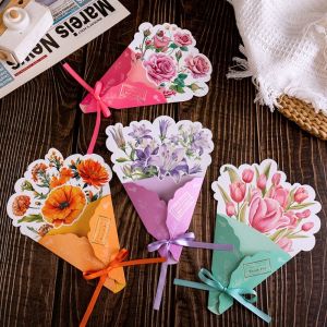 TKC28 10pcs Folding Bouquet Greeting Card Carnation Chrysanthemum Rose Invitation Card Postcard Gifts Blessing Message Cards Mothers Day