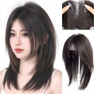 OQEWPI วัสดุสังเคราะห์ ผมยาวตรงเป็นชั้น คลิปใน ต่อผม วิกผมท็อปเปอร์พร้อมหน้าม้า หวาน ฟูฟ่อง ชิ้นผมปลอมสำหรับศีรษะ ผู้หญิง