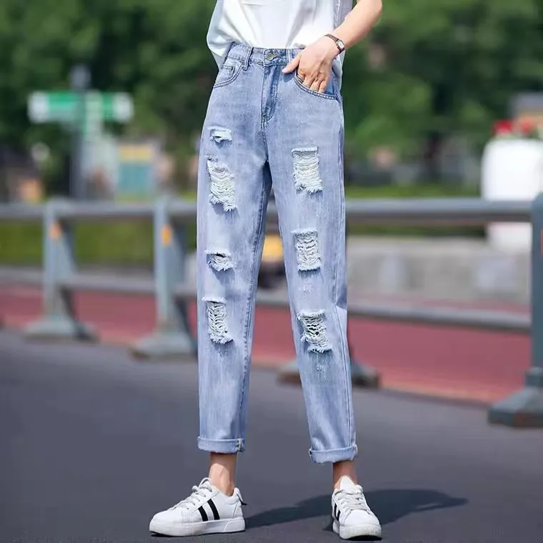 Korean Denim Jeans Ootd Ripped Mom Jeans Outfit Cute Light Ripped