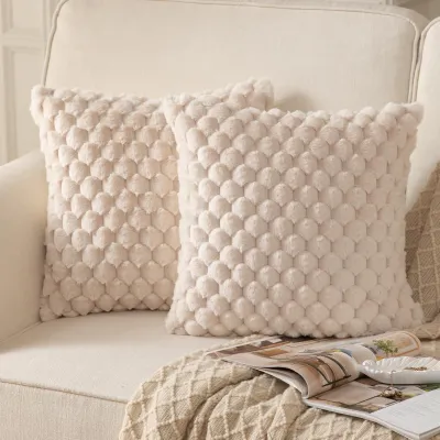 Beige Super Soft Plush Fluffy Decorative Throw Pillow Covers 18x18 inch Faux Fur Wool Velvet Cushion Covers Pillow Cases Couch Sofa Bed Living Room No Pillow