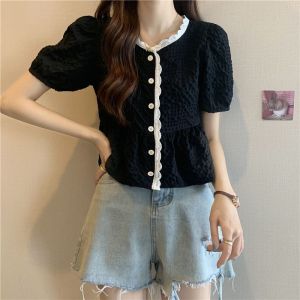 New Lace Round Neck Bubble Sleeve Shirt for Womens Summer Sweet Casual Top