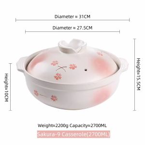 ชุดชุดหม้อปรุงอาหารลายดอกซากุระที่วาดด้วยมือสไตล์ญี่ปุ่นพร้อมฝาหม้อเซรามิกบนโต๊ะอาหารชุดหม้อปรุงอาหารพร้อมฝาปิดชุดหม้อปรุงอาหารภาชนะทำจากข้าวโพด