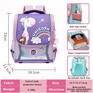 Childrens School Bag Cartoon Unicorn Fashion Backpack Primary School Students Color Printing Lightweight Zipper Schoolbag Waterproof Scratch-Resistant and Wear-Resistant Side Pockets to Reduce The Load with 3D Reflact Strip