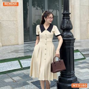 Đầm thiết kế cổ sen phối cúc xẻ trước dáng xếp ly BEMINE MT9180
