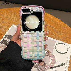 Cartoon Flower Wrist Chain Case for Samsung Galaxy Z Flip 6 5 4 3 flip6 ZFlip Beads Bracelet Wave Soft Silicone Ins Korean Cover