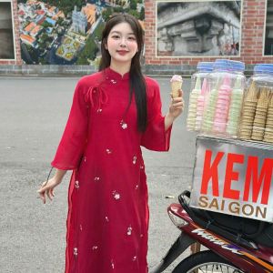 Áo dài cách tân nữ chất vải tơ thêu hoa thiết kế dáng suông 4 tà tay lửng Minh Châu Miều Est.2013