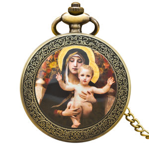 Virgin Mary and Jesus Pattern Vintage Quartz Pocket Watch Fashion Couple Accessories Childrens Holiday Gifts