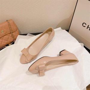 Free Shipping 2026 Spring New Nude High Heels For Women Perfect With Skirts Bow Detail Chunky Heel Elegant Shallow-Toe Flats