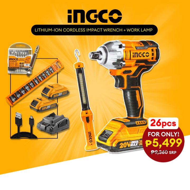 COD [EXCLUSIVE] Ingco Li-Ion Cordless 20V Wrench Worklamp Combo Kit ...