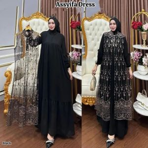 Gamis Outer Terpisah Assyifa Dres Ceruty Babydoll Mix Brukat Aplikasi Payet Mutiara M L XL XXL 3XL Dress Brokat Wanita Kondangan Mewah Elegan Baju Muslim Seragaman Pernikahan