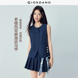 GIORDANO Women Vests Linen-Blend Round Neck Vests Solid Color Sleeveless Fashionable Casual Slim Waistcoats 13376221